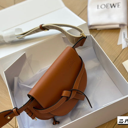 LOE MINI 18 GATE DUAL BAG IN TAN SOFT CALFSKIN AND JACQUARD