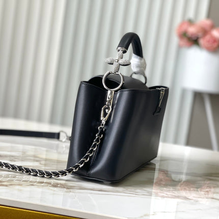 CAPUCINES EAST-WEST 30 IN BLACK SHEEPSKIN CRYSTAL AND SILVER HARDWARE
