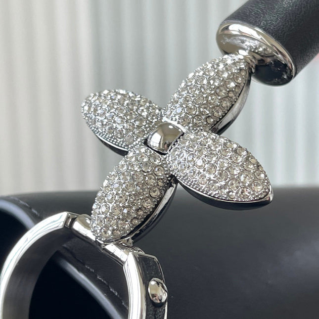 CAPUCINES EAST-WEST 30 IN BLACK SHEEPSKIN CRYSTAL AND SILVER HARDWARE