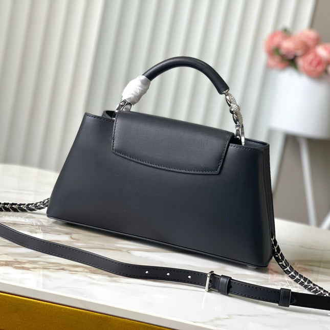 CAPUCINES EAST-WEST 30 IN BLACK SHEEPSKIN CRYSTAL AND SILVER HARDWARE