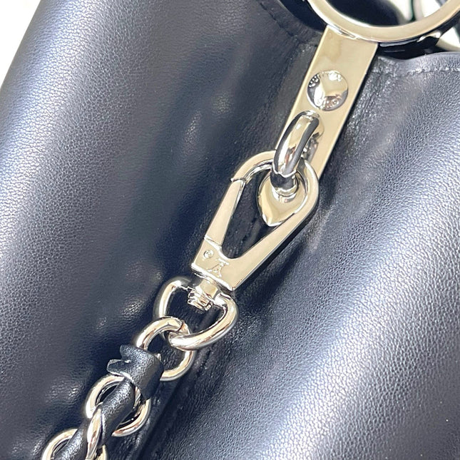 CAPUCINES EAST-WEST 30 IN BLACK SHEEPSKIN CRYSTAL AND SILVER HARDWARE