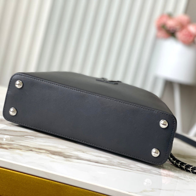 CAPUCINES EAST-WEST 30 IN BLACK SHEEPSKIN CRYSTAL AND SILVER HARDWARE