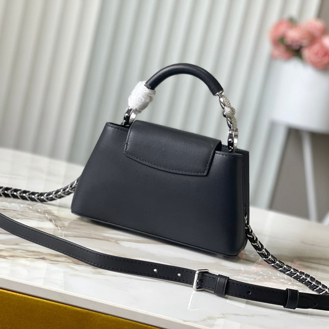 CAPUCINES EAST-WEST MINI 22 IN BLACK SHEEPSKIN CRYSTAL AND SILVER HARDWARE