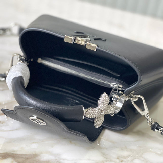 CAPUCINES EAST-WEST MINI 22 IN BLACK SHEEPSKIN CRYSTAL AND SILVER HARDWARE
