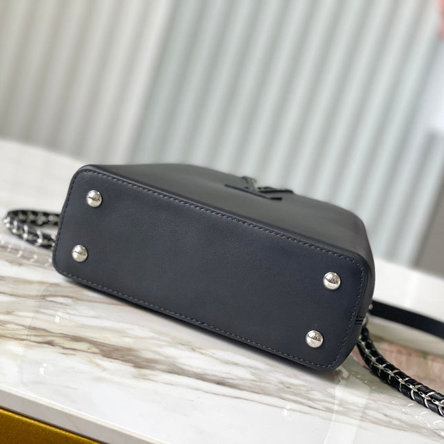 CAPUCINES EAST-WEST MINI 22 IN BLACK SHEEPSKIN CRYSTAL AND SILVER HARDWARE
