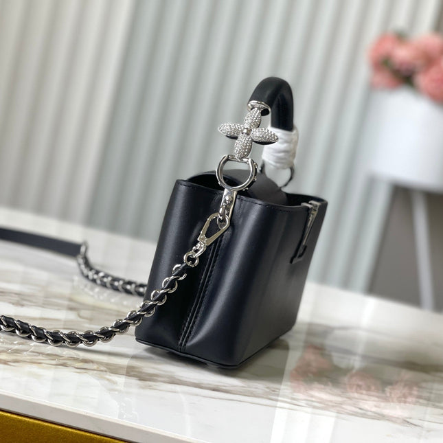 CAPUCINES EAST-WEST MINI 22 IN BLACK SHEEPSKIN CRYSTAL AND SILVER HARDWARE