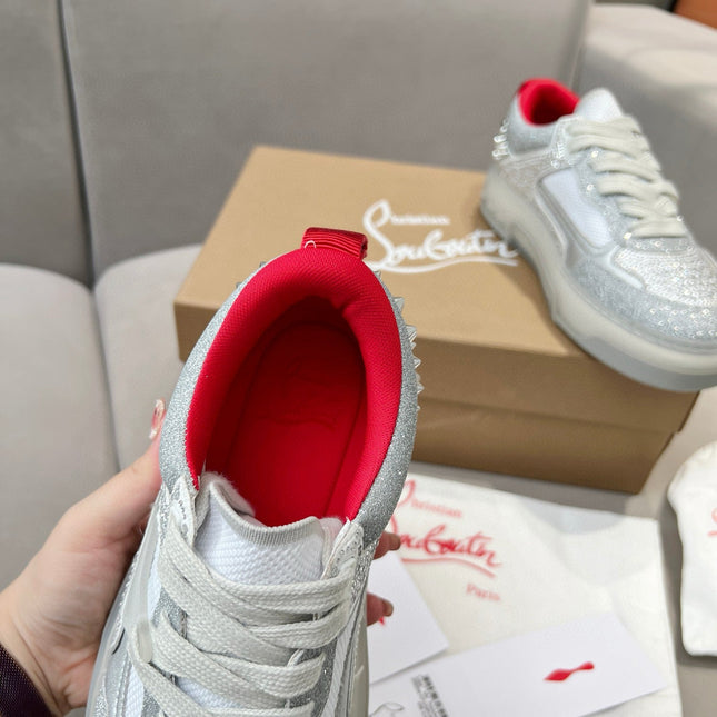 ASTROLOUBI SNEAKER IN SILVER CALFSKIN SPIKES RHINESTONE DETAILS