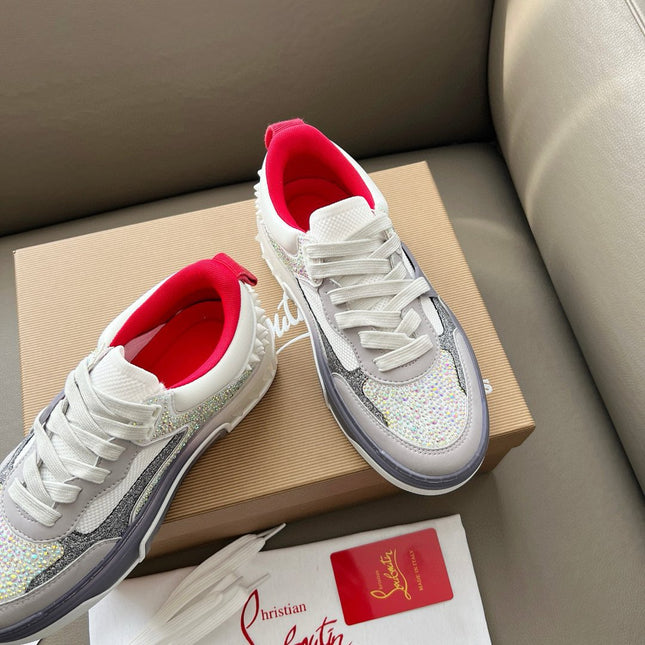 ASTROLOUBI SNEAKER IN WHITE AND GREY CALFSKIN WHITE SPIKES RHINESTONE DETAILS