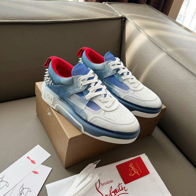 ASTROLOUBI SNEAKER IN BLUE AND WHITE DENIM SILVER SPIKES