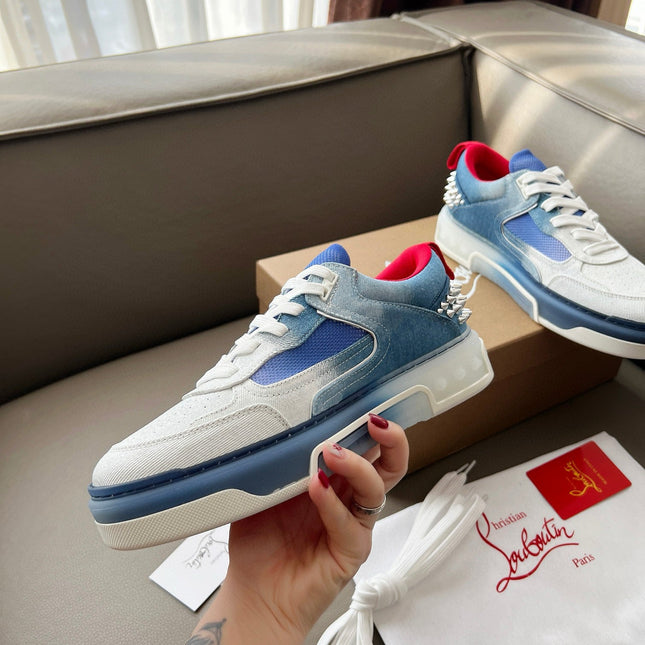 ASTROLOUBI SNEAKER IN BLUE AND WHITE DENIM SILVER SPIKES