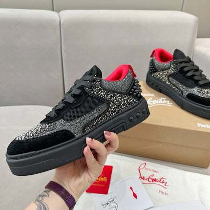 ASTROLOUBI SNEAKER IN BLACK SUEDE BLACK SPIKES RHINESTONE DETAILS