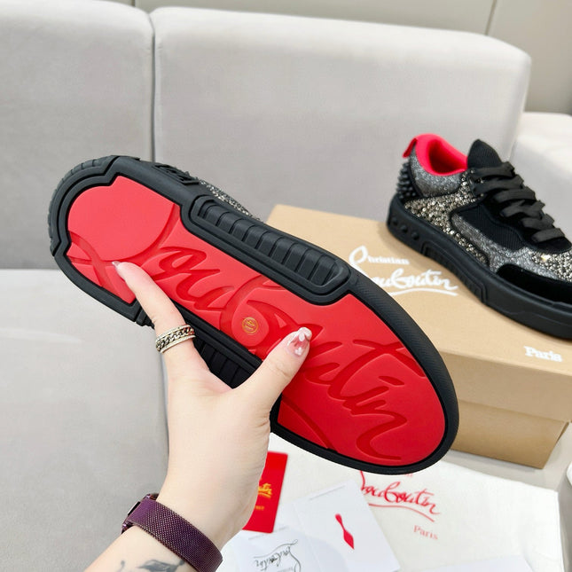 ASTROLOUBI SNEAKER IN BLACK SUEDE BLACK SPIKES RHINESTONE DETAILS