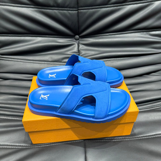 LV OASIS MULE IN COBALT BLUE SUEDE CALFSKIN