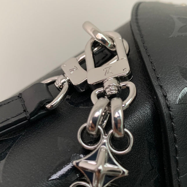 CAMERA BOX BAG 17 IN BLACK MONOGRAM EMBOSSED CALFSKIN SILVER CHAIN