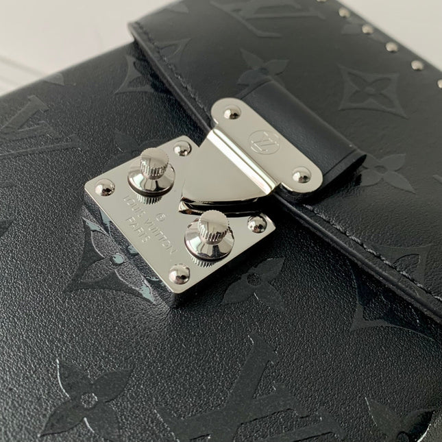 CAMERA BOX BAG 17 IN BLACK MONOGRAM EMBOSSED CALFSKIN SILVER CHAIN