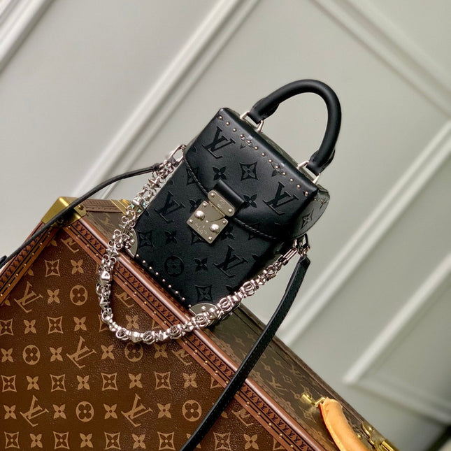 CAMERA BOX BAG 17 IN BLACK MONOGRAM EMBOSSED CALFSKIN SILVER CHAIN
