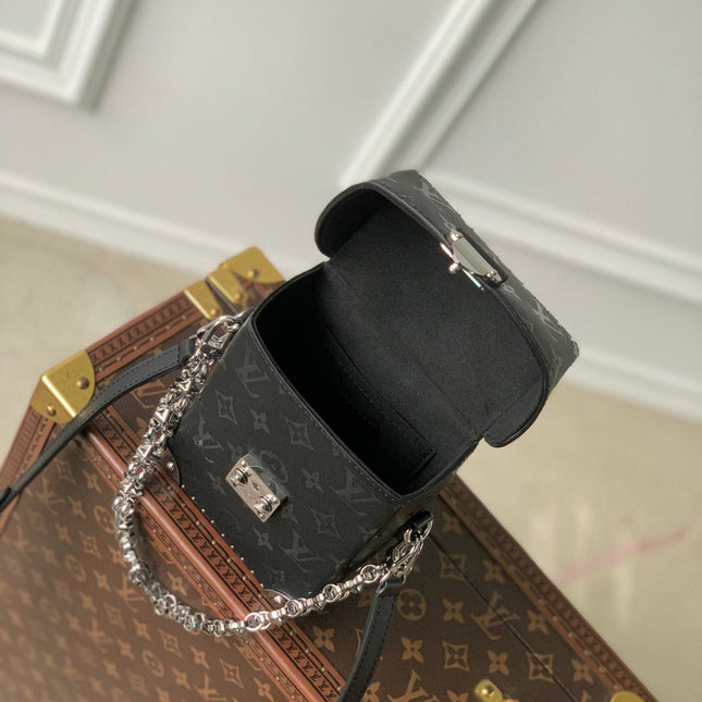 CAMERA BOX BAG 17 IN BLACK MONOGRAM EMBOSSED CALFSKIN SILVER CHAIN