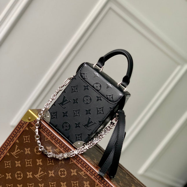 CAMERA BOX BAG 17 IN BLACK MONOGRAM EMBOSSED CALFSKIN SILVER CHAIN