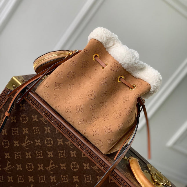 BELLA 22 IN CINNAMON BROWN MONOGRAM PERFORATED SUEDE AND WHITE SHEARLING TRIM