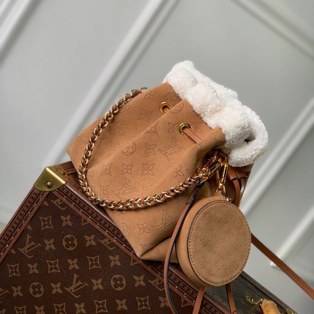 BELLA 22 IN CINNAMON BROWN MONOGRAM PERFORATED SUEDE AND WHITE SHEARLING TRIM