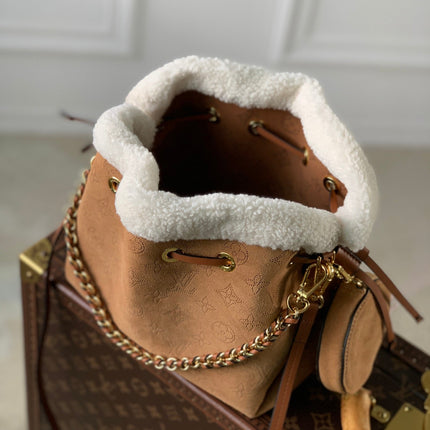 BELLA 22 IN CINNAMON BROWN MONOGRAM PERFORATED SUEDE AND WHITE SHEARLING TRIM