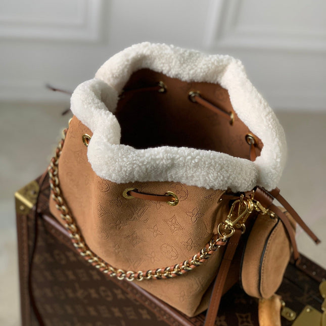 BELLA 22 IN CINNAMON BROWN MONOGRAM PERFORATED SUEDE AND WHITE SHEARLING TRIM