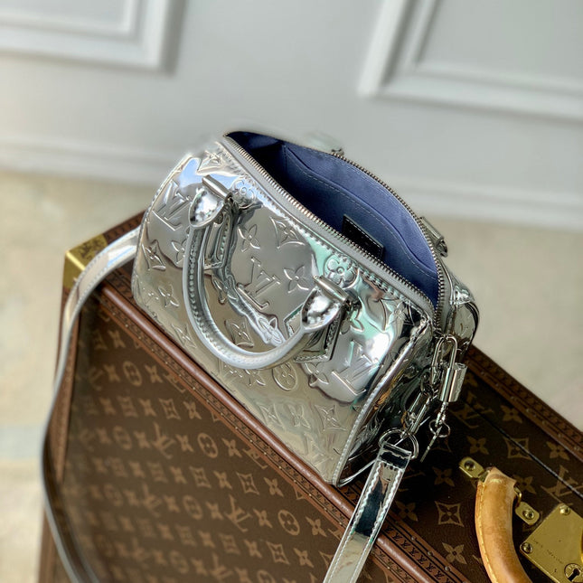 SPEEDY BANDOULIÈRE 20 IN SILVER MONOGRAM EMBOSSED CALFSKIN