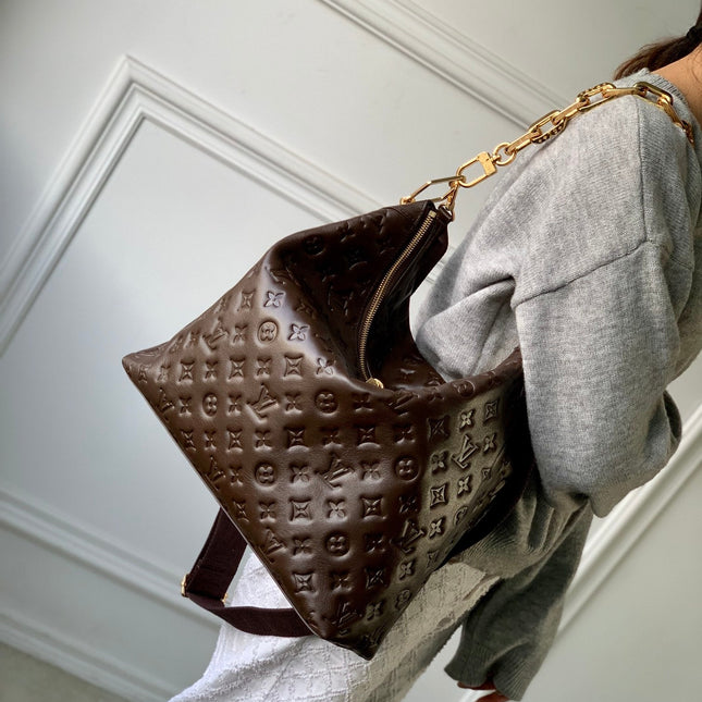 COUSSIN MM 38 IN CHOCOLATE MONOGRAM EMBOSSED CALFSKIN GOLD HARDWARE