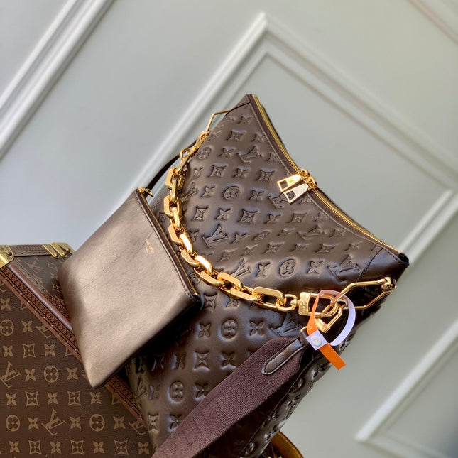 COUSSIN MM 38 IN CHOCOLATE MONOGRAM EMBOSSED CALFSKIN GOLD HARDWARE