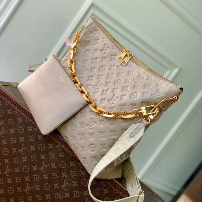 COUSSIN MM 38 IN BEIGE MONOGRAM EMBOSSED CALFSKIN GOLD HARDWARE