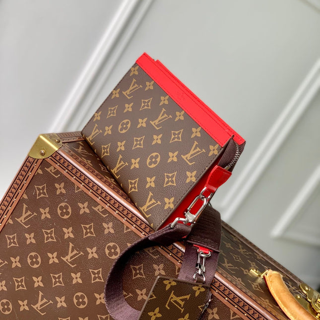GASTON WEARABLE WALLET 18 IN BROWN MONOGRAM CANVAS MIX RED CALFSKIN