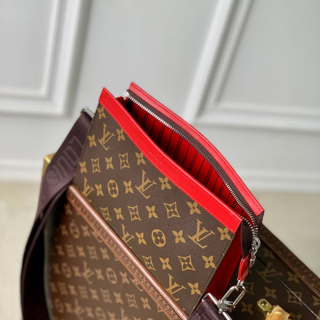 GASTON WEARABLE WALLET 18 IN BROWN MONOGRAM CANVAS MIX RED CALFSKIN