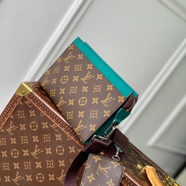 GASTON WEARABLE WALLET 18 IN BROWN MONOGRAM CANVAS MIX GREEN CALFSKIN