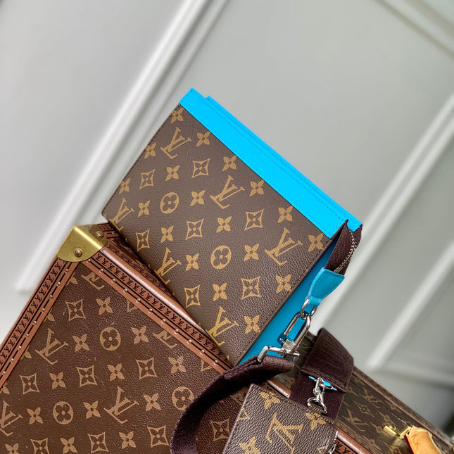 GASTON WEARABLE WALLET 18 IN BROWN MONOGRAM CANVAS MIX SKY CALFSKIN