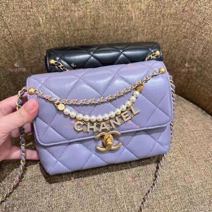 CC MINI 22 FLAP BAG IN LIGHT PURPLE CALFSKIN GOLD HARDWARE WITH PEARL CHAIN