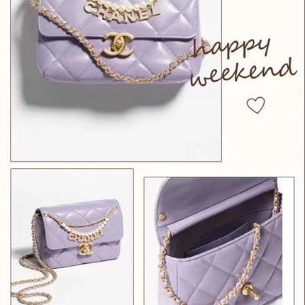 CC MINI 22 FLAP BAG IN LIGHT PURPLE CALFSKIN GOLD HARDWARE WITH PEARL CHAIN
