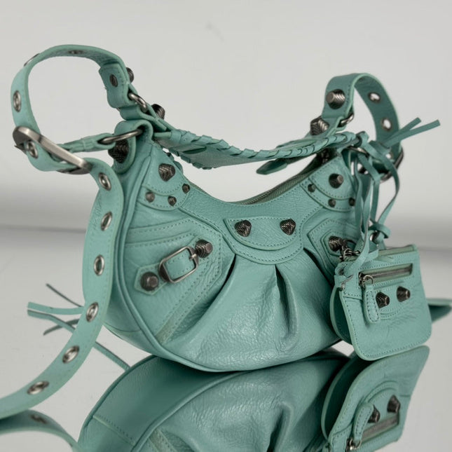 LE CAGOLE SMALL SHOULDER BAG 26 WITH RHINESTONES IN MINT GREEN LAMBSKIN