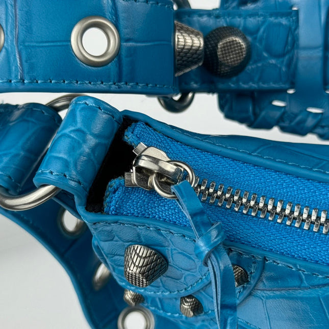 LE CAGOLE SMALL SHOULDER BAG 26 WITH RHINESTONES IN DODPER BLUE CROCODILE EMBOSSED CALFSKIN