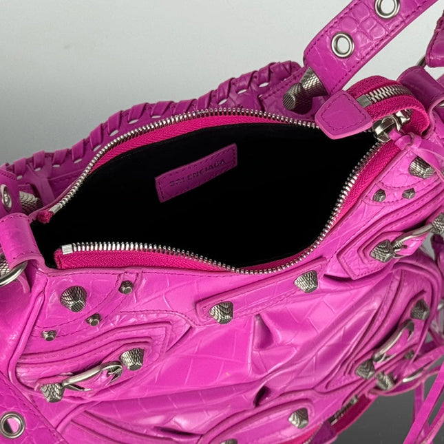 LE CAGOLE SMALL SHOULDER BAG 26 WITH RHINESTONES IN DEEP PINK CROCODILE EMBOSSED CALFSKIN