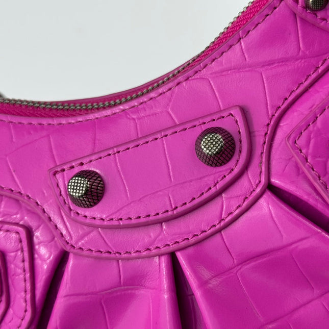 LE CAGOLE SMALL SHOULDER BAG 26 WITH RHINESTONES IN DEEP PINK CROCODILE EMBOSSED CALFSKIN