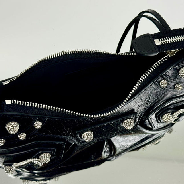 LE CAGOLE SMALL SHOULDER BAG 26 WITH RHINESTONES IN BLACK ARENA LAMBSKIN SILVER HARDWARE