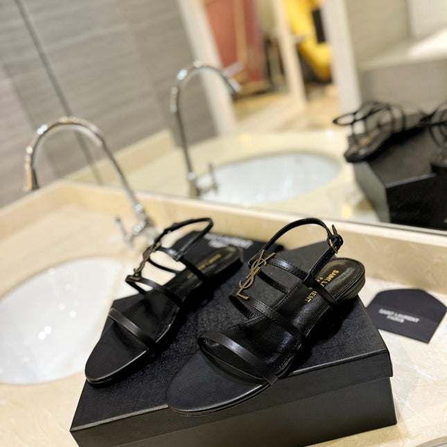 SL LOGO FLAT SANDALS BLACK CALFSKIN