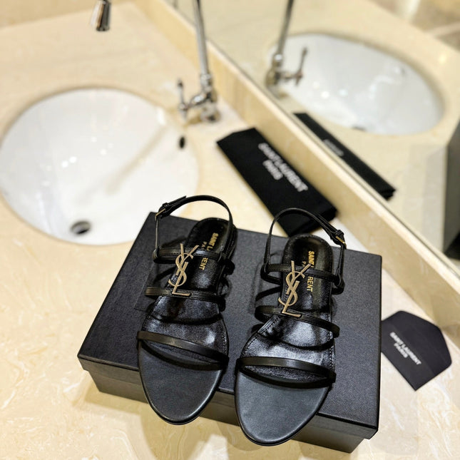 SL LOGO FLAT SANDALS BLACK CALFSKIN