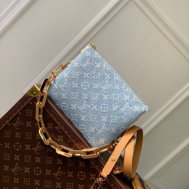 COUSSIN BB 21 IN LIGHT BLUE MONOGRAM DENIM GOLD CHAIN