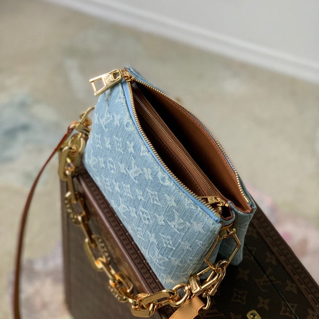 COUSSIN BB 21 IN LIGHT BLUE MONOGRAM DENIM GOLD CHAIN