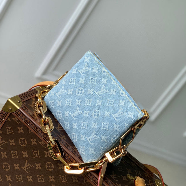 COUSSIN BB 21 IN LIGHT BLUE MONOGRAM DENIM GOLD CHAIN