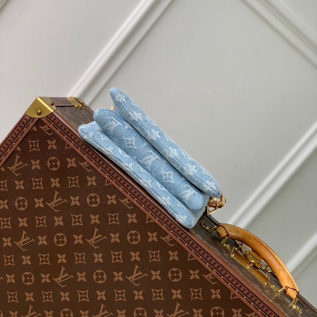 COUSSIN BB 21 IN LIGHT BLUE MONOGRAM DENIM GOLD CHAIN