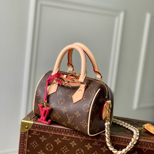 MINI SPEEDY BAG PINK CHARM 18 IN BROWN MONOGRAM DUNE COATED CANVAS