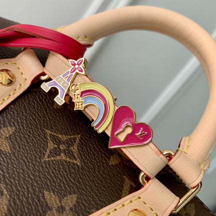 MINI SPEEDY BAG PINK CHARM 18 IN BROWN MONOGRAM DUNE COATED CANVAS