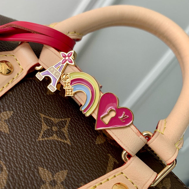 MINI SPEEDY BAG PINK CHARM 18 IN BROWN MONOGRAM DUNE COATED CANVAS